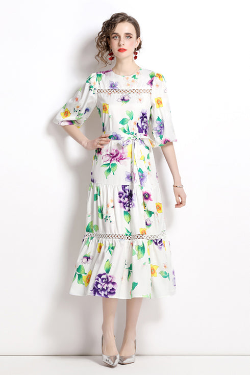 Runway Fashion Enchanting Floral Print, Hollow out Lace, Ruffled, Belted, Party, Holiday Women's Dress